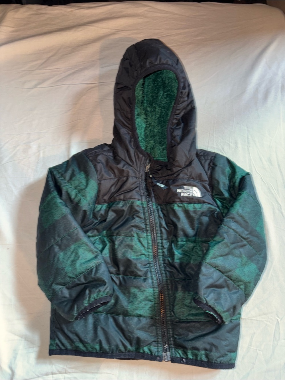 The North Face Kids Green and Black Hooded Puffer Jacket